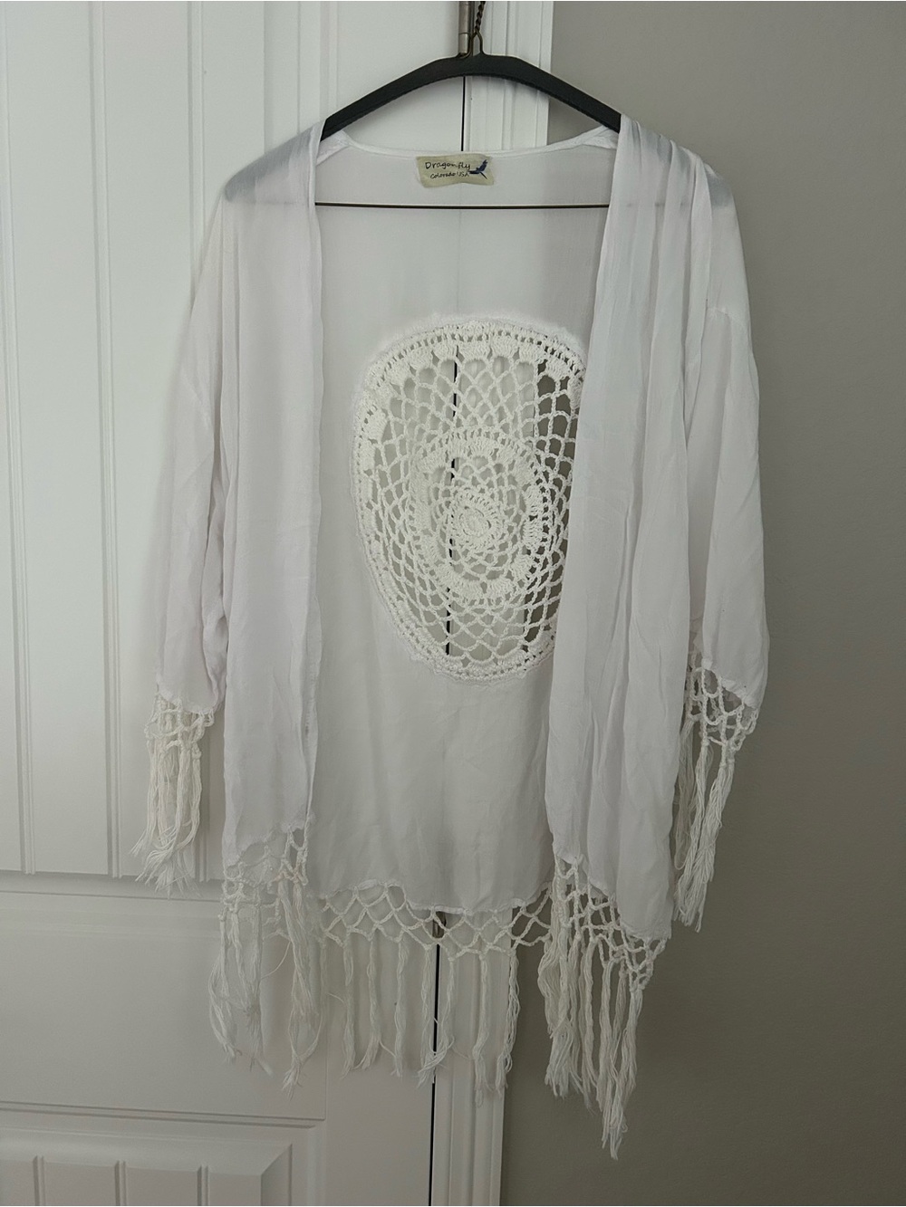 Boho White Crochet Fringe Shawl with Sleeves